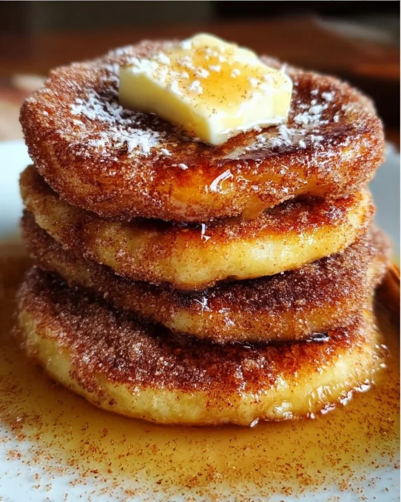 Delicious churro pancakes with chocolate sauce and cinnamon sugar topping
