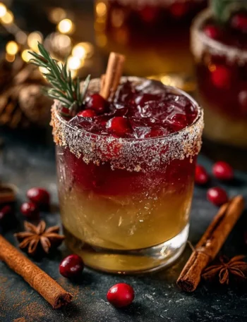 Spiced Christmas Margarita served in a festive glass with holiday decorations