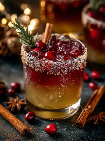 Spiced Christmas Margarita served in a festive glass with holiday decorations