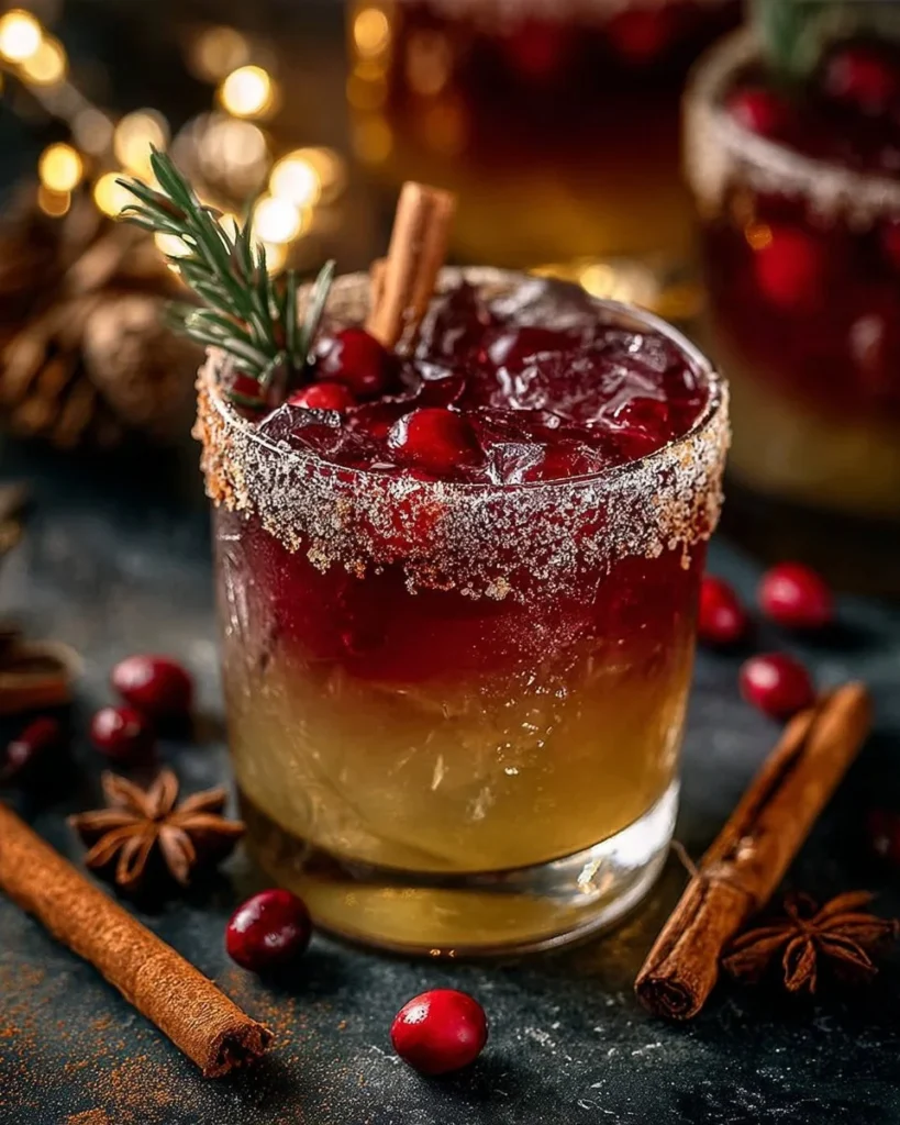 Spiced Christmas Margarita served in a festive glass with holiday decorations