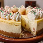 Delicious sugar cookie cheesecake topped with whipped cream and sprinkles