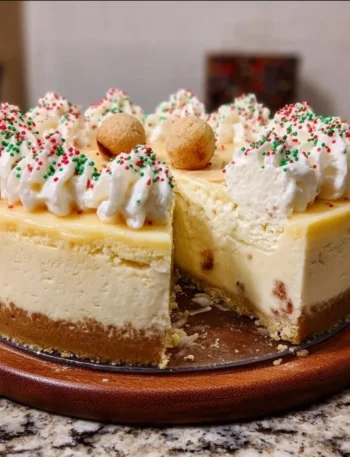Delicious sugar cookie cheesecake topped with whipped cream and sprinkles