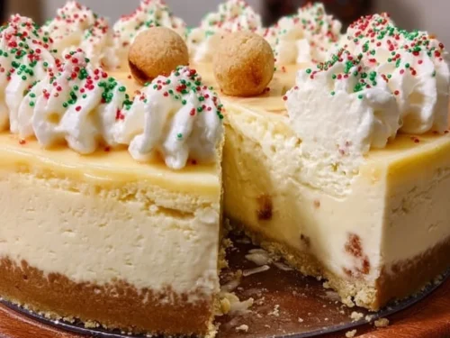 Delicious sugar cookie cheesecake topped with whipped cream and sprinkles