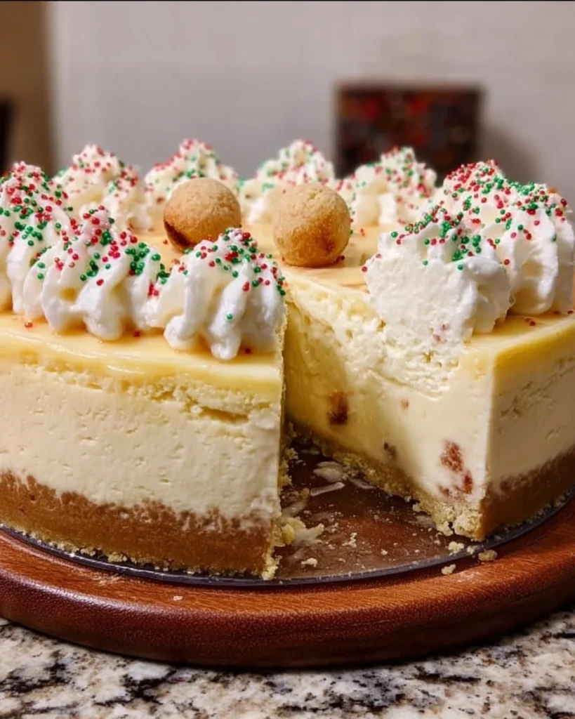 Delicious sugar cookie cheesecake topped with whipped cream and sprinkles