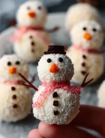 Cute no-bake snowmen truffles for holiday treats and festive celebrations.