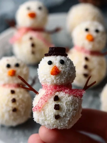 Cute no-bake snowmen truffles for holiday treats and festive celebrations.