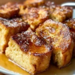 A delicious traditional French toast casserole served with syrup and powdered sugar.