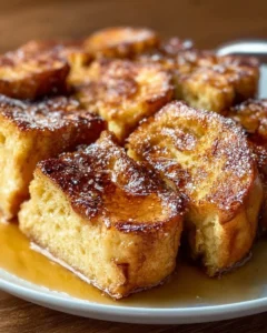 A delicious traditional French toast casserole served with syrup and powdered sugar.