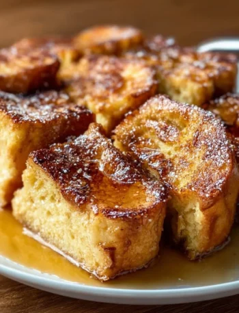 A delicious traditional French toast casserole served with syrup and powdered sugar.