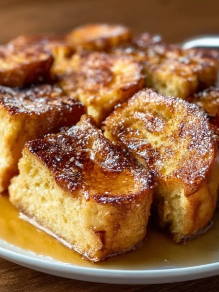 A delicious traditional French toast casserole served with syrup and powdered sugar.