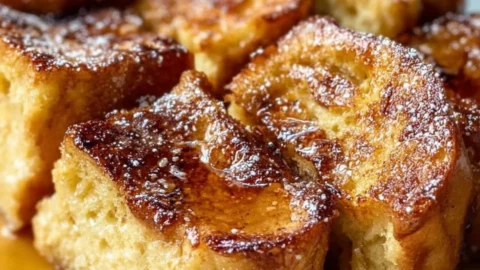 A delicious traditional French toast casserole served with syrup and powdered sugar.