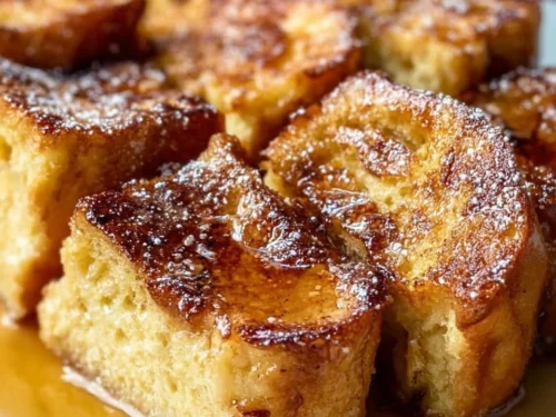 A delicious traditional French toast casserole served with syrup and powdered sugar.