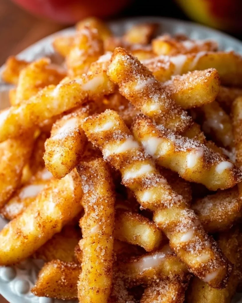 Crispy air fryer apple fries served with cinnamon sugar