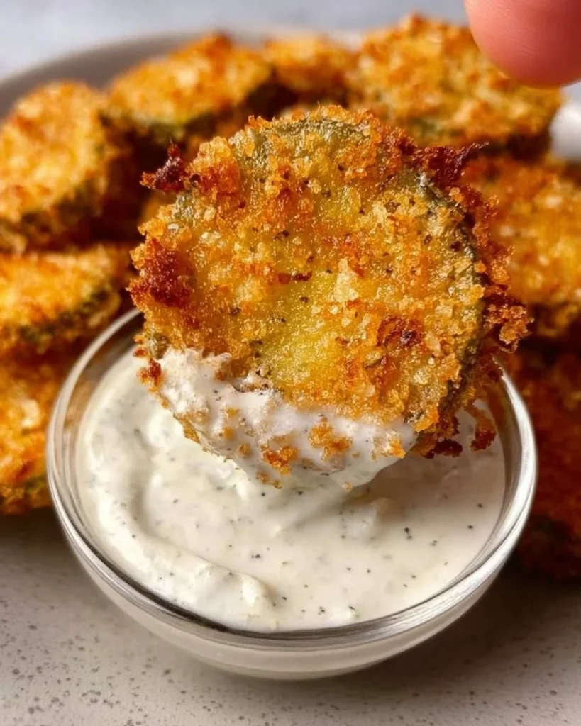 Crispy air fryer fried pickles served with a dipping sauce