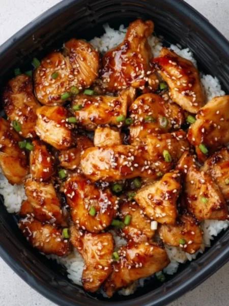 Air Fryer Teriyaki Chicken garnished with sesame seeds and green onions