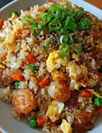 Delicious Asian restaurant-inspired fried rice served in a bowl with vegetables and spices