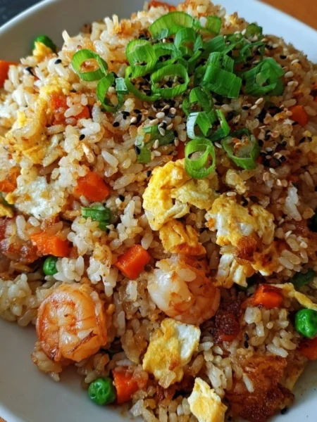 Delicious Asian restaurant-inspired fried rice served in a bowl with vegetables and spices