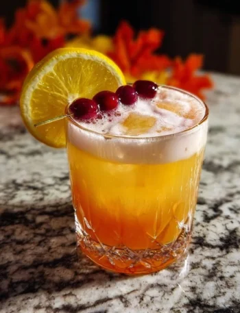 A refreshing Autumn Gin Sour cocktail garnished with seasonal fruits.