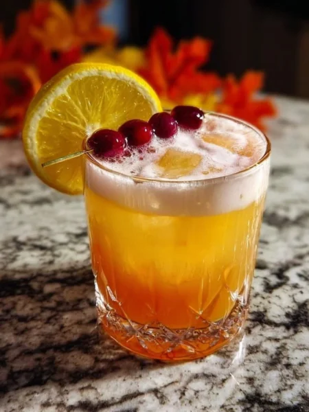 A refreshing Autumn Gin Sour cocktail garnished with seasonal fruits.