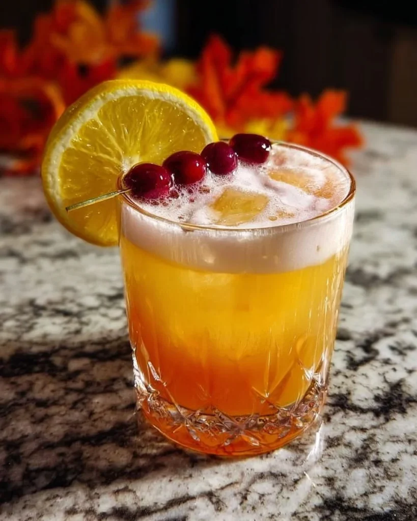 A refreshing Autumn Gin Sour cocktail garnished with seasonal fruits.