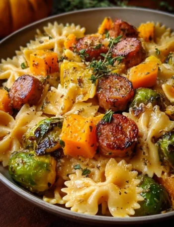 Autumn sausage pasta squash dish served in a bowl with herbs
