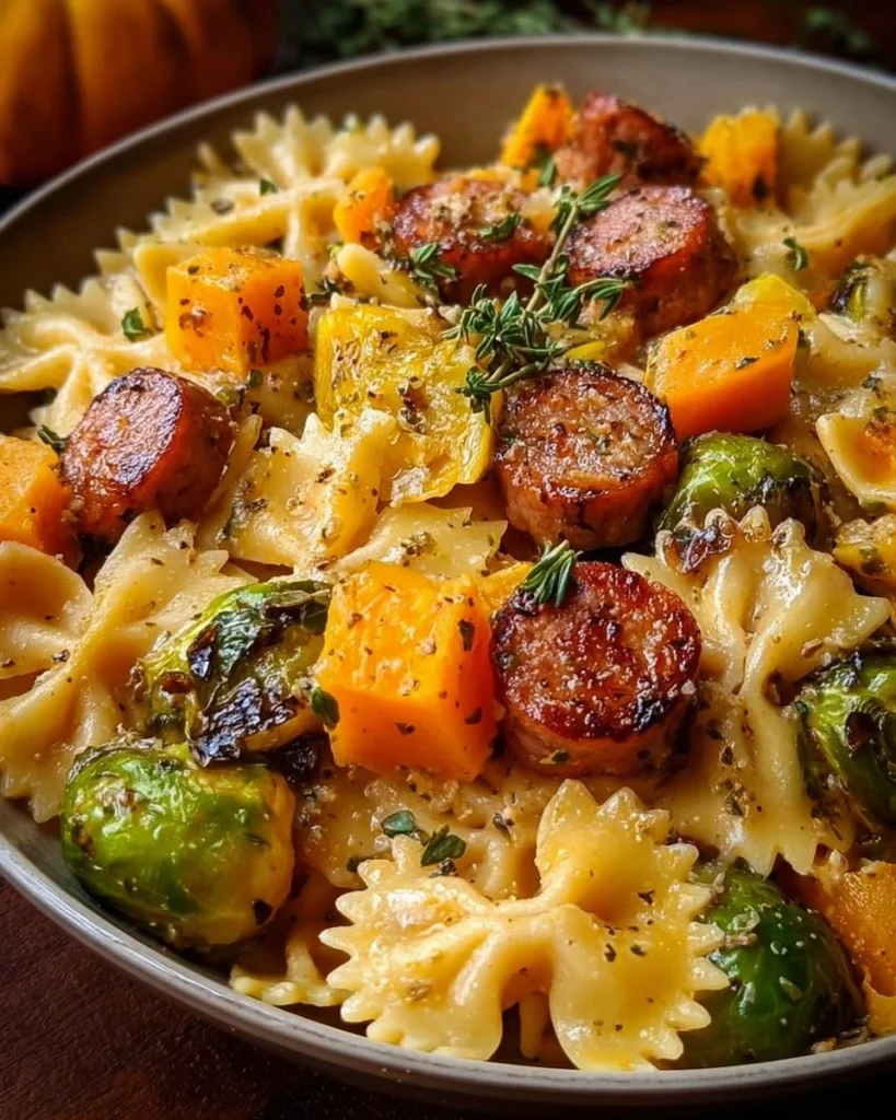 Autumn sausage pasta squash dish served in a bowl with herbs