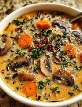 Bowl of Autumn Wild Rice Soup garnished with herbs, showcasing fall comfort food