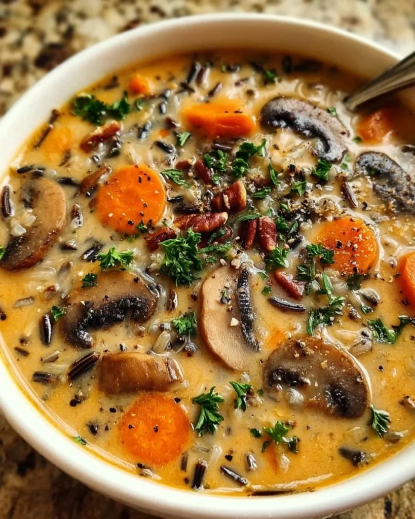 Bowl of Autumn Wild Rice Soup garnished with herbs, showcasing fall comfort food