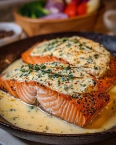 Baked Boursin Salmon served with herbs and lemon slices on a plate