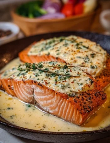 Baked Boursin Salmon served with herbs and lemon slices on a plate