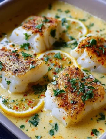 Baked cod served in coconut lemon cream sauce