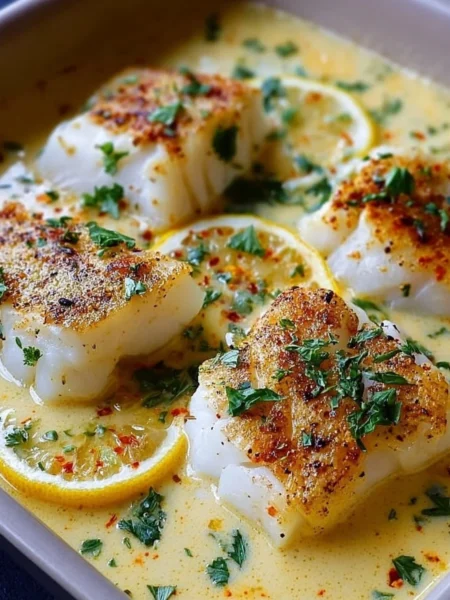 Baked cod served in coconut lemon cream sauce