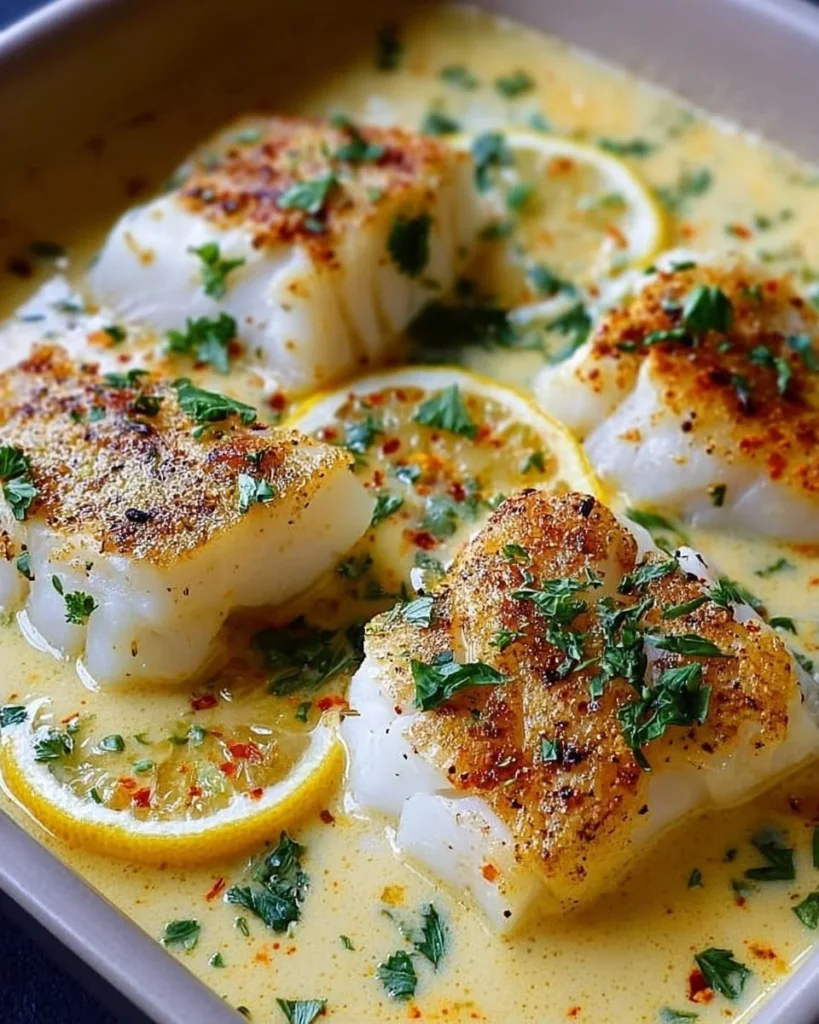 Baked cod served in coconut lemon cream sauce