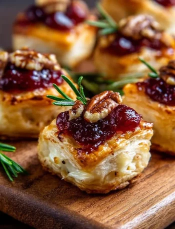 Baked cranberry brie bites served on a platter with fresh herbs for garnish