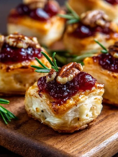 Baked cranberry brie bites served on a platter with fresh herbs for garnish