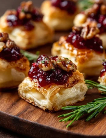 Delicious baked cranberry brie bites served on a platter.