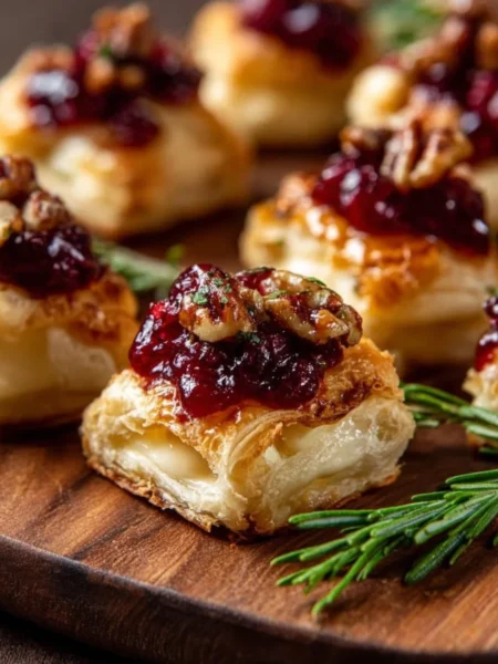 Delicious baked cranberry brie bites served on a platter.