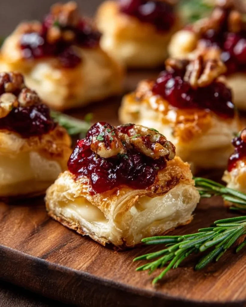Delicious baked cranberry brie bites served on a platter.