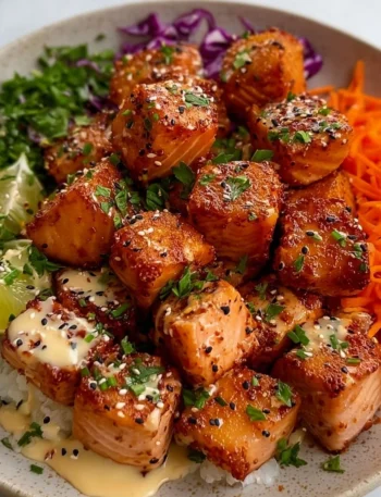 Bang Bang Salmon Bites served on a plate with dipping sauce