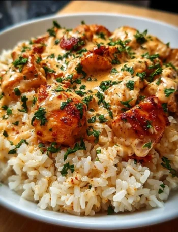 Delicious smothered chicken served over rice, garnished with herbs.