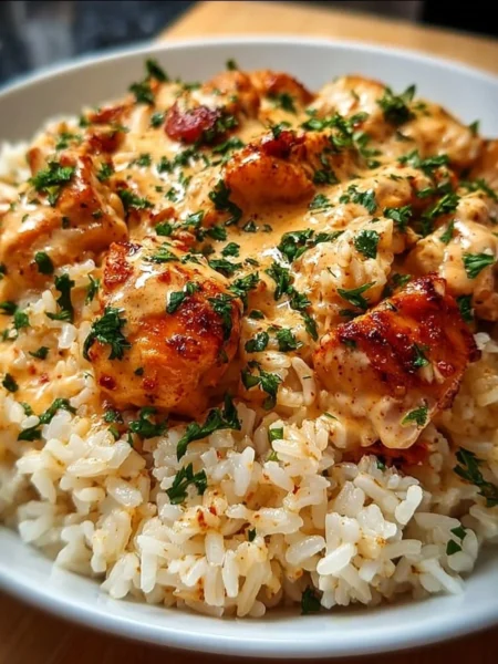 Delicious smothered chicken served over rice, garnished with herbs.