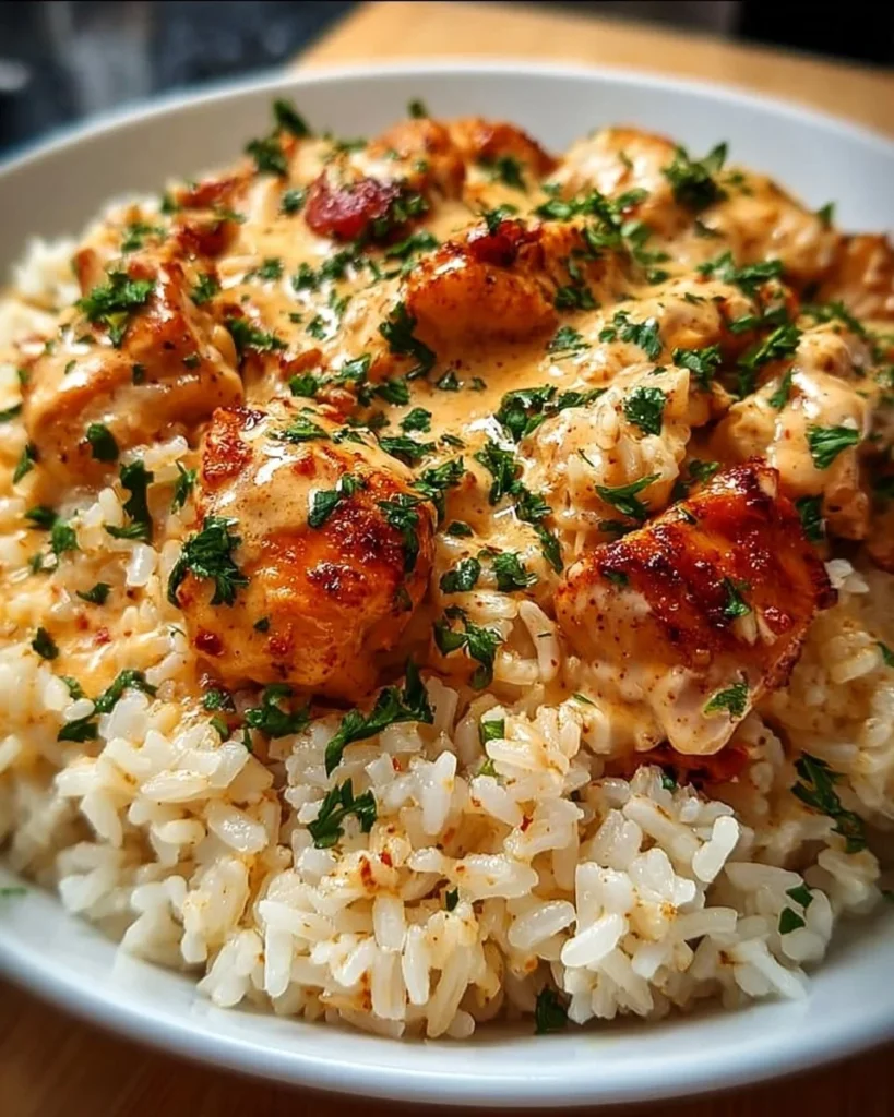 Delicious smothered chicken served over rice, garnished with herbs.