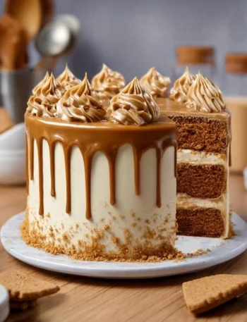Delicious Biscoff Cookie Butter Cake with creamy frosting and cookie crumbles