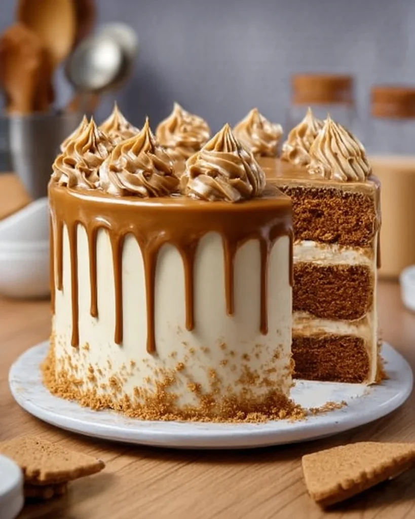 Delicious Biscoff Cookie Butter Cake with creamy frosting and cookie crumbles