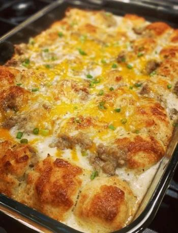 Biscuits and Gravy Breakfast Casserole served with sausage gravy on top