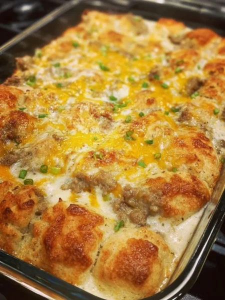 Biscuits and Gravy Breakfast Casserole served with sausage gravy on top