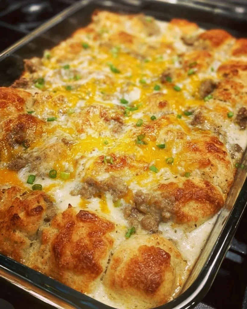 Biscuits and Gravy Breakfast Casserole served with sausage gravy on top
