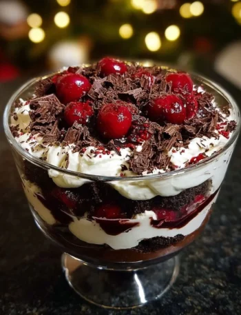 Decadent Black Forest Trifle layered with chocolate, cherries, and cream for Christmas