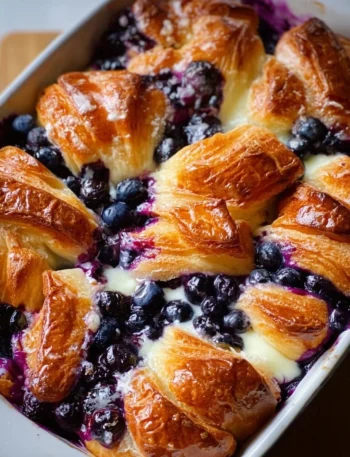 Blueberry Cream Cheese Croissant Casserole with fresh blueberries and cream cheese