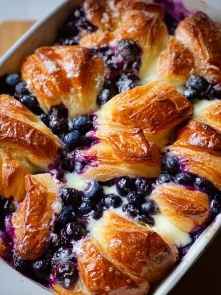 Blueberry Cream Cheese Croissant Casserole with fresh blueberries and cream cheese